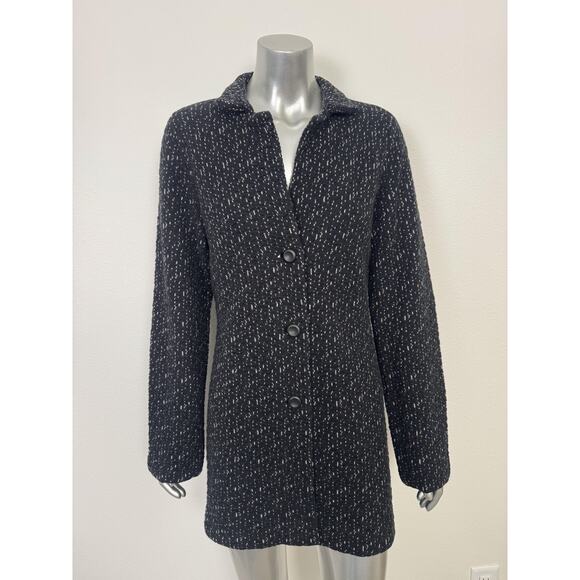 Wool Cashmere Sweater Coat Black White Boucle Button Front Damask M - Picture 11 of 12